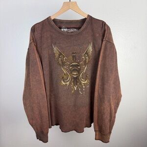 Y2K Vintage Stranded Thermal T Shirt Skull Dagger Wings Graphic Grunge Boxy 2XL